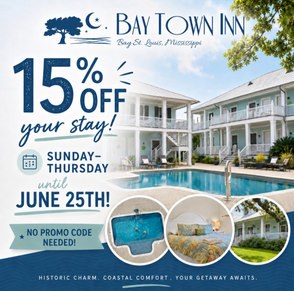 Bay Town Inn summer promotion offering 15% off stays in Bay St. Louis, Mississippi through June 25.
